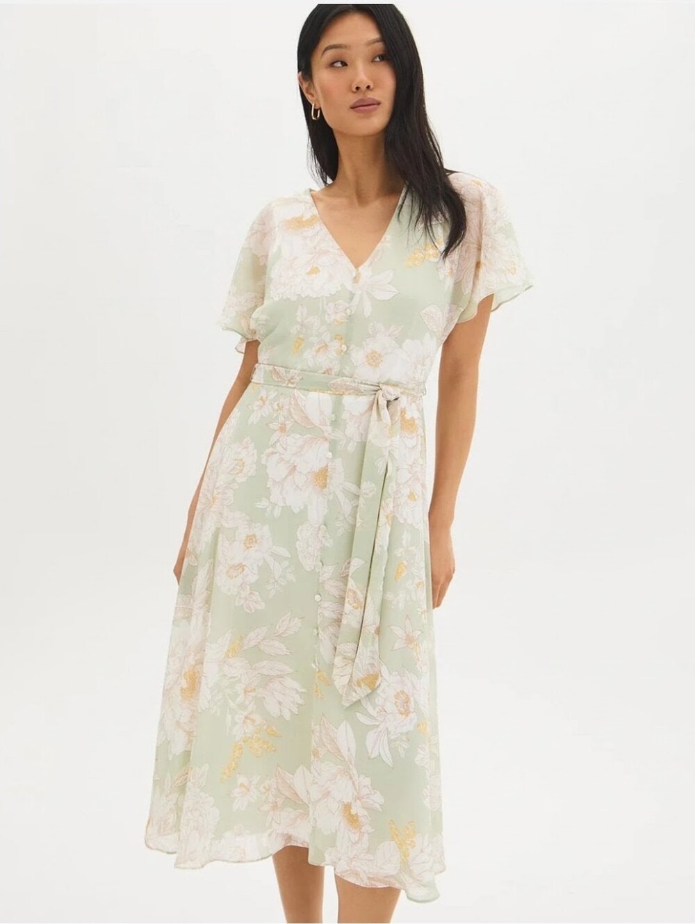 Suzy Sheir Flutter Sleeve Romantic Prairie Button Front Chiffon Midi Dress XL